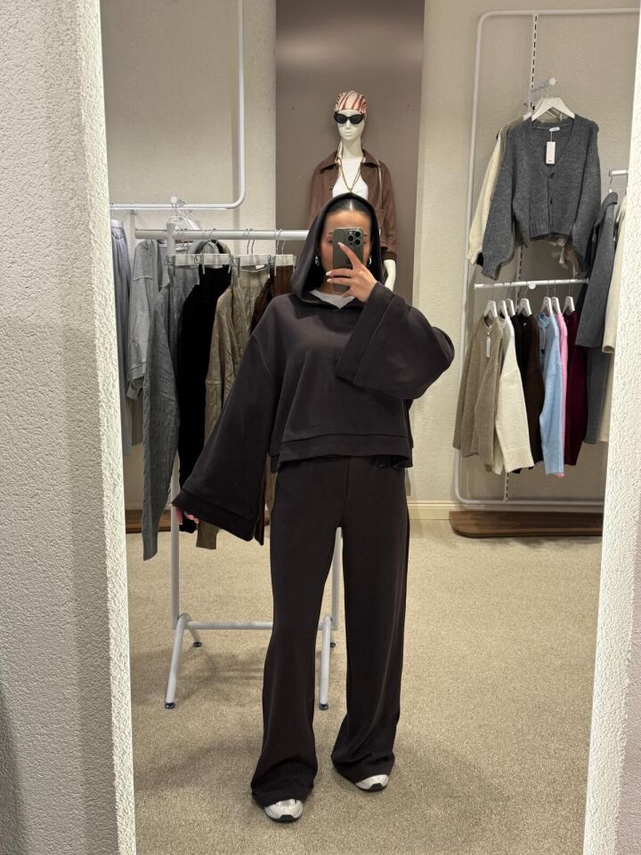 Kapüşonlu Crop Top and Pants Takım Kahve Large