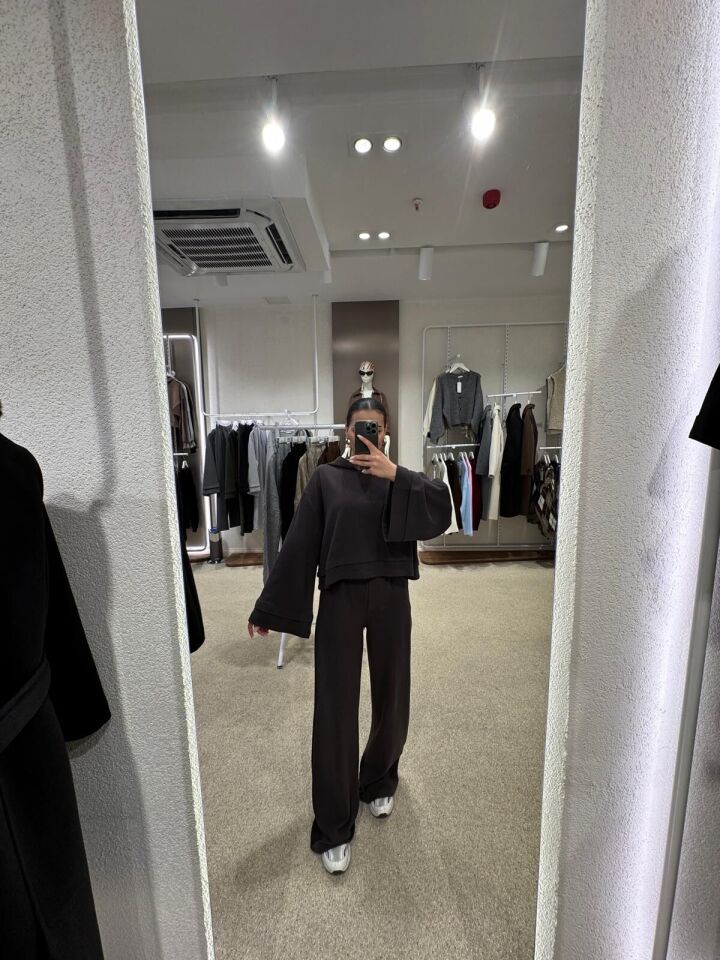 Kapüşonlu Crop Top and Pants Takım Kahve Large