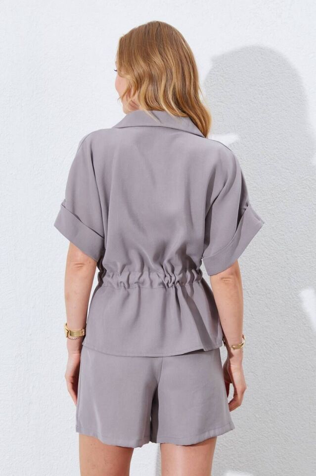 Duble Kol Çift Kuşak Fermuarlı Gabardin Bluz Large